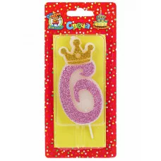 Свеча для торта Царская, розовая с глиттером Цифра 6 С-8353