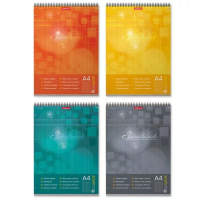 Блокнот на спирали ErichKrause® Spiralblock, А4, 80 листов, клетка, перфорация, микроперфорация, твердая подложка MIX-PACK 58430