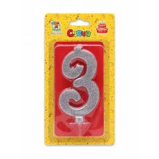 Свеча для торта Серебряный глиттер (малая) Цифра 3 С-1831