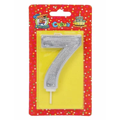 Свеча для торта Серебряный глиттер с окантовкой Цифра 7 С-5971