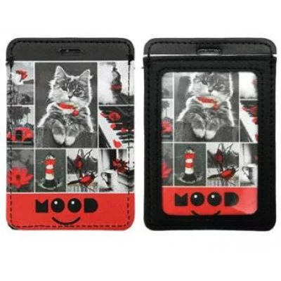 Обложка для проездного билета DC-806 черно-красная "Котик" 2 кармана, А7, гладкая экокожа 329916