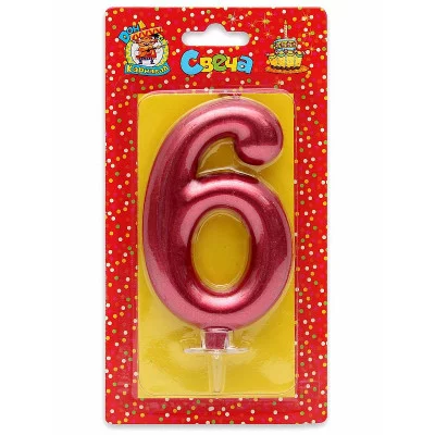 Свеча для торта Красный металлик (большая) Цифра 6 С-1858