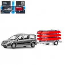 ТМ "Автопанорама" Машинка металлическая 1:43, LADA LARGUS серая, откр. 2 двери., инерция + прицеп с лодками JB1251627