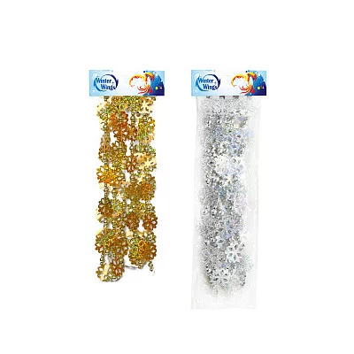 Украшение елочное бусы блестящие СНЕЖИНКИ, мм, длина 2,7 м, в пакете, 6 цв. WINTER WINGS E29133