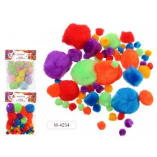 Помпоны M-4254 декоративные разных размеров, 60 шт,ассорти цветов-2 вида,ОПП-пакет с европодвесом