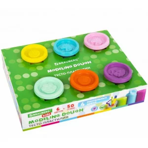 Пластилин-тесто для лепки BRAUBERG KIDS, 6 цветов, 300 г, 10 формочек, шприц, стек, крышки-штампики, 106719