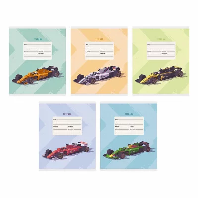 Тетради А5 12л. Скрепка. Линия. Обл.: мел. картон, выб. лак. Бум. оф.60 г/м2. Поля. В уп. 5 видов. Уп./гофр. Победитель гонок ТЛЛ127571