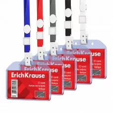 Бейдж горизонтальный в комплекте с лентой ErichKrause размер вставки 85х54 мм, прозрачный, цвет ленты ассорти, 62079