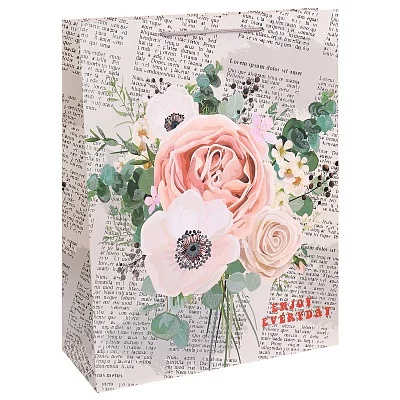 Dream cards Пакет подарочный с мат.лам. и глиттером 31х42х12см (XL) Газета нежным букетом, 210 г ПКП-2613