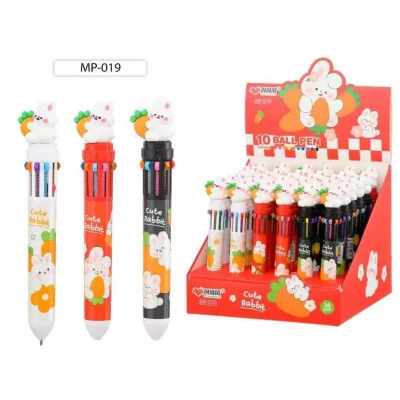 Авторучка 10-и цветная: детская; 1шт "ЗАЙЧИК"; цветной корпус с рисунком /ассорти/, прорезиненный наконе MP-019