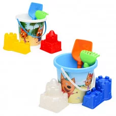 Песочный набор "Три кота и море приключений" №6: Ведро с наклейкой, лопатка №5, грабельки №5, формочки (замок мост + замок квадратный) 91956
