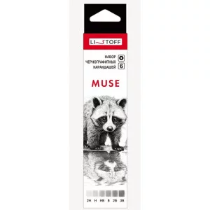 Набор чернографитных карандашей "MUSE" 2H, H, HB, B, 2B, 3B, шестигранный корпус, заточенные. 6 шт. в картонной коробке с европодвесом MUSE КЧГМ60012