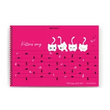 Тетрадь для нот А4, 24 л, обложка мелованный картон, горизонтальная, на гребне, BRAUBERG, "Котики", 404641