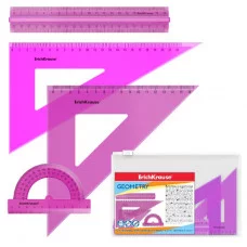 Набор геометрический большой пластиковый ErichKrause Neon, (линейка, 2 угольника, транспортир), розовый, во флоупаке 53018