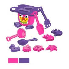 Компания Друзей Песочный набор "Человечек" розово-фиолетовый (в комп. ведро 1,2 л, лопатка, грабли, воронка, сито 17 см, 4 формочки 9 см) 23х21х18 см JB5300630