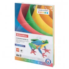 Бумага цветная BRAUBERG, А4, 80 г/м2, 100 л. 5 цветов х 20 медиум, для офисной техники, 112462