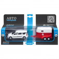 ТМ "Автопанорама" Машинка металлическая 1:43, LADA LARGUS белая, откр. 2 двери., инерция + прицеп для лошади JB1251631