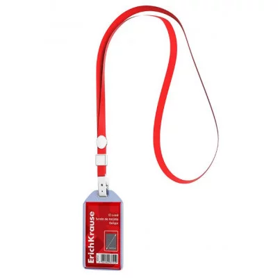 Бейдж вертикальный в комплекте с лентой ErichKrause размер вставки 54х85 мм, прозрачный, цвет ленты красный 63721