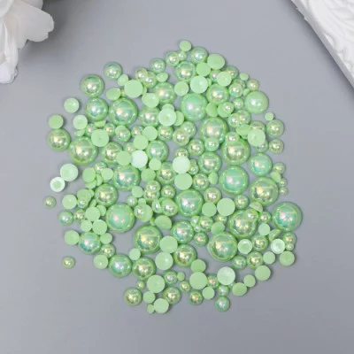 Декор для творчества пластик "Половинки бусин. Светло-зелёный перламутр" d=3-10мм, н-р 10 гр   74596