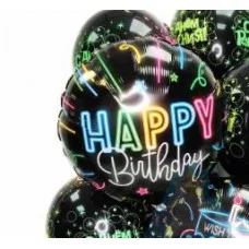 Шар (18\'\'/46 см) Круг, С Днем Рождения (неоновые огни), Черный, 1 шт. 401598