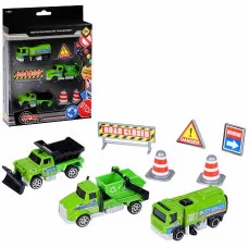 AUTODRIVE Набор металлических машинок, Уборочная техника 3шт. с дорожными знаками (мусоровоз, подметально-уборочная машина, грузовик с грейдером) в/к 23*9,4*4см. JB0403985