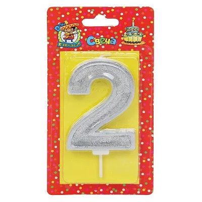 Свеча для торта Серебряный глиттер с окантовкой Цифра 2 С-5966