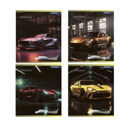 Тетрадь 48л., А5, клетка, Alingar "Яркие машины", скрепка, мелованный картон (стандарт), блок офсет AL12078