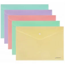 Папка-конверт с кнопкой А4, КОМПЛЕКТ 5 шт., пастельные цвета ассорти, BRAUBERG "PASTEL", 0,18 мм, 272866