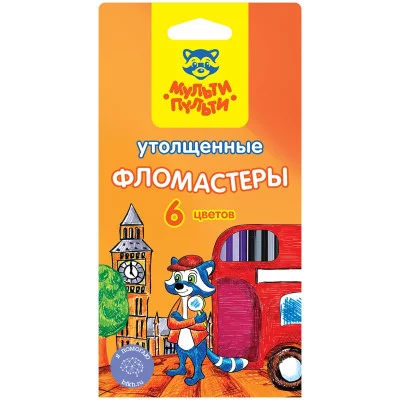 Фломастеры Мульти-Пульти "Енот в Англии", 06цв., утолщенные, смываемые, картон, европодвес 240108