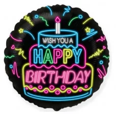 Шар (18\'\'/46 см) Круг, С Днем Рождения (неоновые огни), Черный, 1 шт. 401598