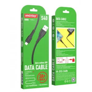 Кабель Smartbuy S40, USB - Type-C, 3A output, 1м, черный 376310