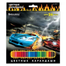 Карандаши цветные BRAUBERG "InstaRacing", 24 цвета, заточенные, картонная упаковка с отделкой выборочным лаком, 180559