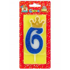 Свеча для торта Царская, синяя с глиттером Цифра 6 С-8363