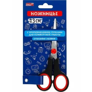 TM"Profit"Ножницы канцелярские 13 см(НЖ-6969) сталь.лезв.,двухцв.прорезин.кольца, в карт.бл,кратн 12 НЖ-6969