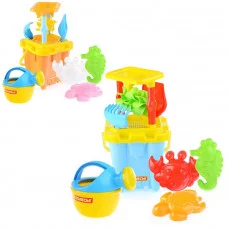 Набор №557: песочная мельница №2 с основанием ситечко-крепость большое №2, ведро-замок лопатка №5, грабельки формочки (краб + морской конёк черепаха), лейка малая №4 57266