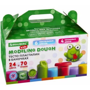 Пластилин-тесто для лепки BRAUBERG KIDS, 24 цвета, 1680 г, крышки-штампики, сундучок, 106722