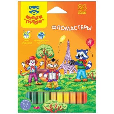 Фломастеры Мульти-Пульти "Енот во Франции", 24цв., смываемые, картон, европодвес 240102