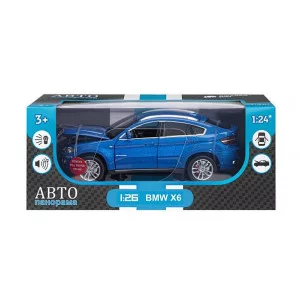 ТМ "Автопанорама" Машинка металлическая 1:26 BMW X6, синий, откр. двери, капот и багажник, свет, звук, свободный ход колес, в/к 24,5*12,5*10,5 см JB1200121