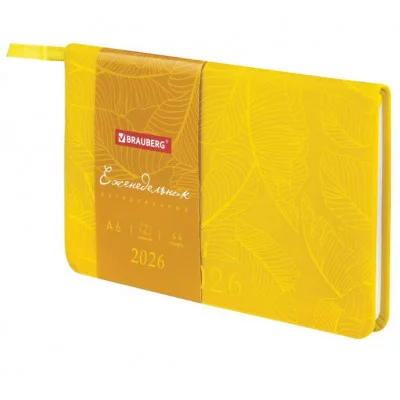 Еженедельник датированный 2026 МАЛЫЙ ФОРМАТ 95х155 мм, А6, BRAUBERG "Foliage", под кожу, желтый, 117200