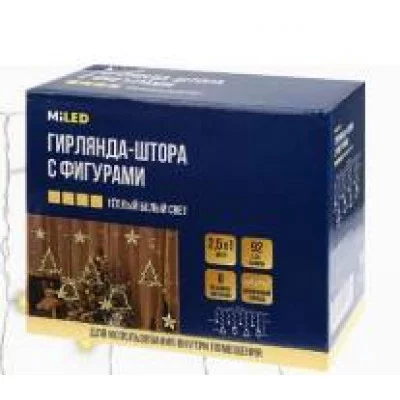 MILED Гирлянда светодиодная. Штора. С фигур. 2,5*1 м 92 ламп 8 реж. тепл. бел. свет ГШ-0024