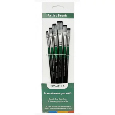 Кисти набор 6 шт. Синтетика DH-97 Плоские (№2,4,6,8,10,12) черно-зеленая ручка, в ПВХ-пакете 331977