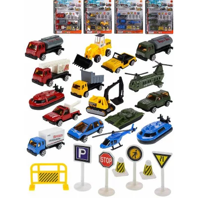 Набор машинок"Спецтехника"(25,9х21,4х3см)(4 машинки,дорож.знаки,4 вида микс)в блист.( Арт. 2176234)
