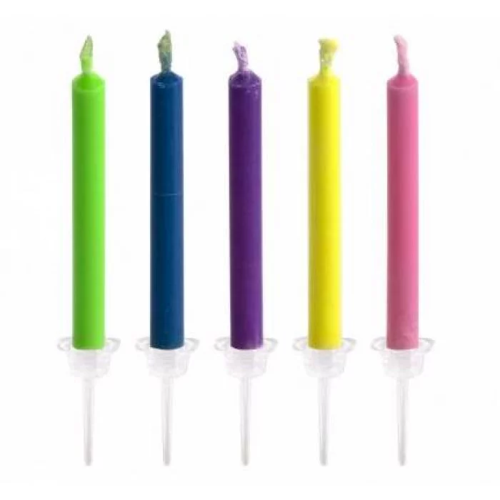 Набор свечей для торта с цветным пламенем Alingar, 6 см, 6 шт., с подставками, ассорти, коробка с европодвесом AL11252