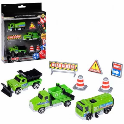 AUTODRIVE Набор металлических машинок, Уборочная техника 3шт. с дорожными знаками (мусоровоз, подметально-уборочная машина, грузовик с грейдером) в/к 23*9,4*4см. JB0403985