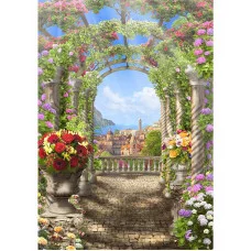 Холст с красками 22х30 см по номерам  (16цв.) Цветочная арка с видом на море (Арт. Х-3993)