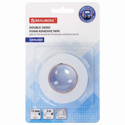 Клейкая двухсторонняя лента 15 мм х 2 м, НА ВСПЕНЕННОЙ ОСНОВЕ 1 мм, прочная, BRAUBERG 606418