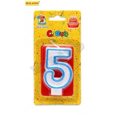 Свеча для торта с синей окантовкой с блёстками Цифра 5 С-1103