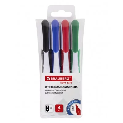 Маркеры стираемые для белой доски НАБОР 4 ЦВЕТА, BRAUBERG "SOFT LITE", 3 мм, резиновая вставка, 152107
