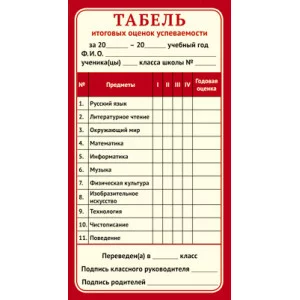 Карточка.Табель итоговых оценок для успеваемости начальной школы формат 200х107 мм ШМ-11990 00-00010776
