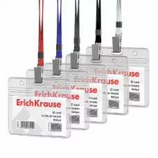 Бейдж горизонтальный в комплекте с лентой ErichKrause размер вставки 95х58 мм, прозрачный, цвет ленты ассорти, 62071